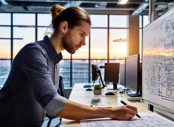 Security engineer reviewing hardware architecture diagrams